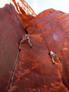 Mike leading the offwidth called Lieback (5.9) on the left while Jesse leads Right of Lieback (5.10a) on the right