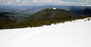 The last bit to treeline. Snowslide Park is the summit in the distance with the snowy top