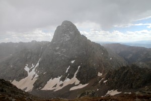 Peak C's north face and northwest ridge (right skyline) as seen from Mt. Powell's south slopes after completing the Eagle's Nest to Powell traverse in September 2014
