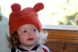 Sawyer waking up sporting her "bear hat"