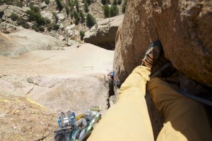 Looking down at Mikey at the 2nd belay from a rest up pitch 3