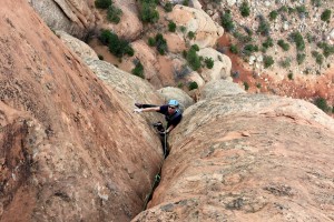Dylan climbing Pitch 3 of Fast Draw