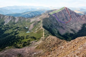 A look at our route from the summit of Red Peak to the north in July 2015 after J and I traversed Red Diamond Ridge. Green indicates the skin up Deming's east sopes, red indicates the ski down the Deming Drop, and blue indicates our climb back up to Deming's northeast risde after the ski