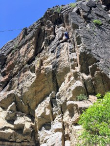 Kristine climbing Sumac (5.9) on the Poison Ivy Wall