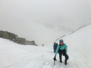 Kristine & Billy climbing steep snow above the bergschrund